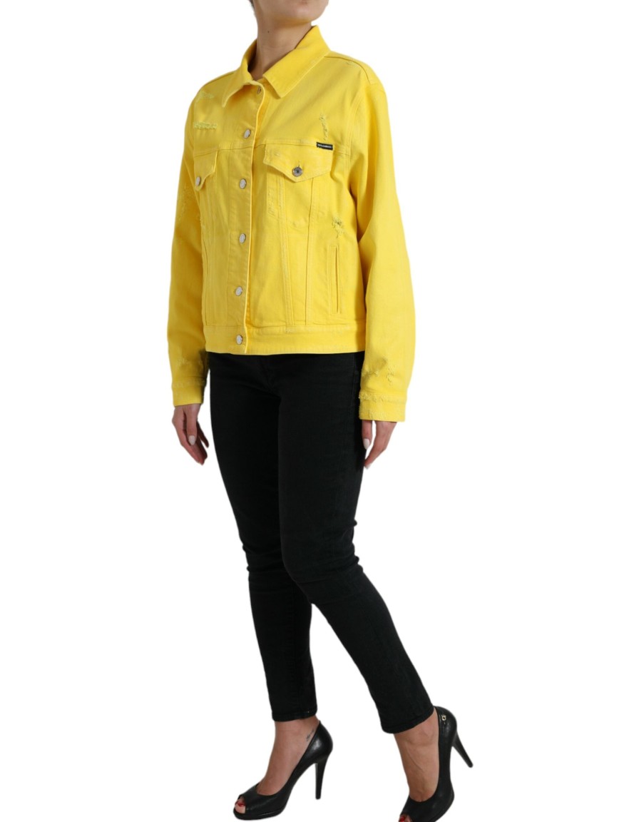 Women Dolce & Gabbana Women'S Jackets & Coats | Dolce & Gabbana Yellow Cotton Denim Jeans Button Coat Jacket