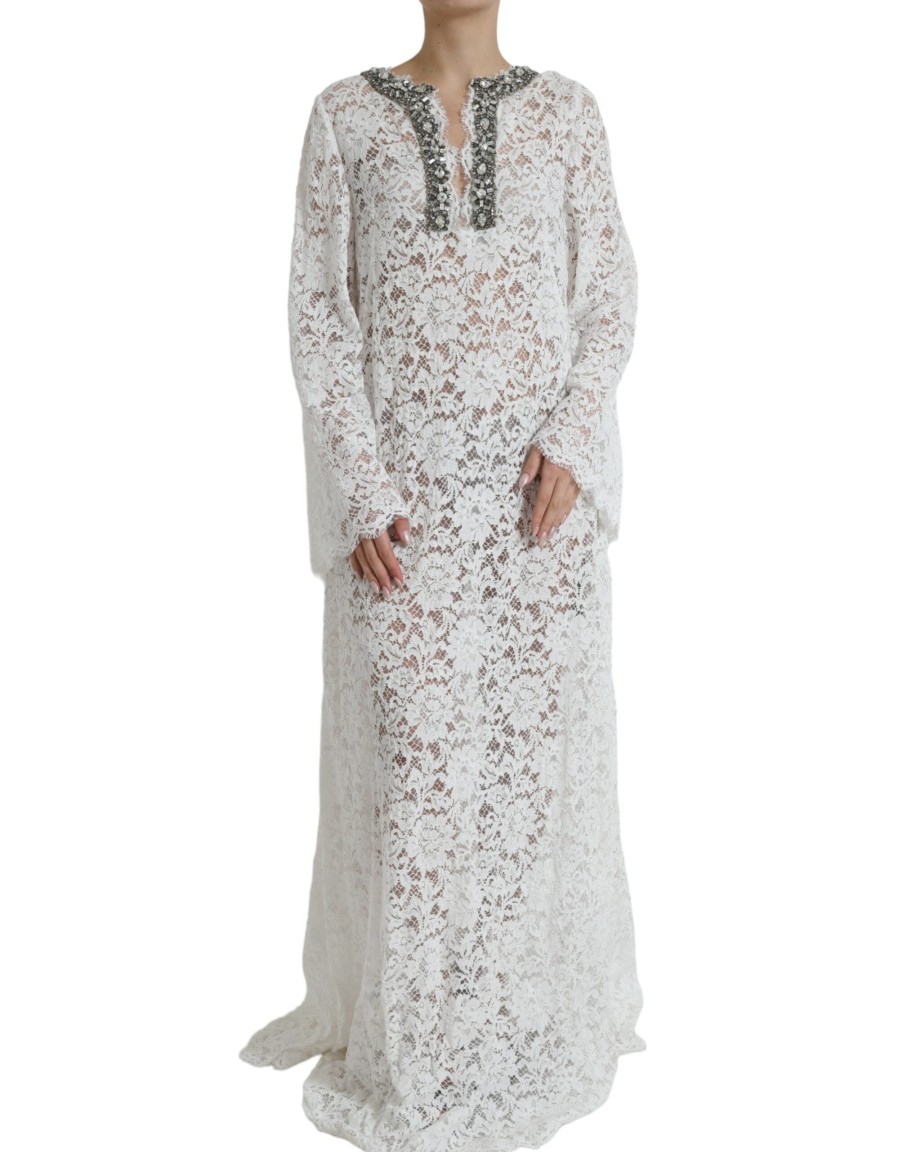 Women Dolce & Gabbana Women'S Dresses | Dolce & Gabbana White Lace Crystal Embellished Shift Dress