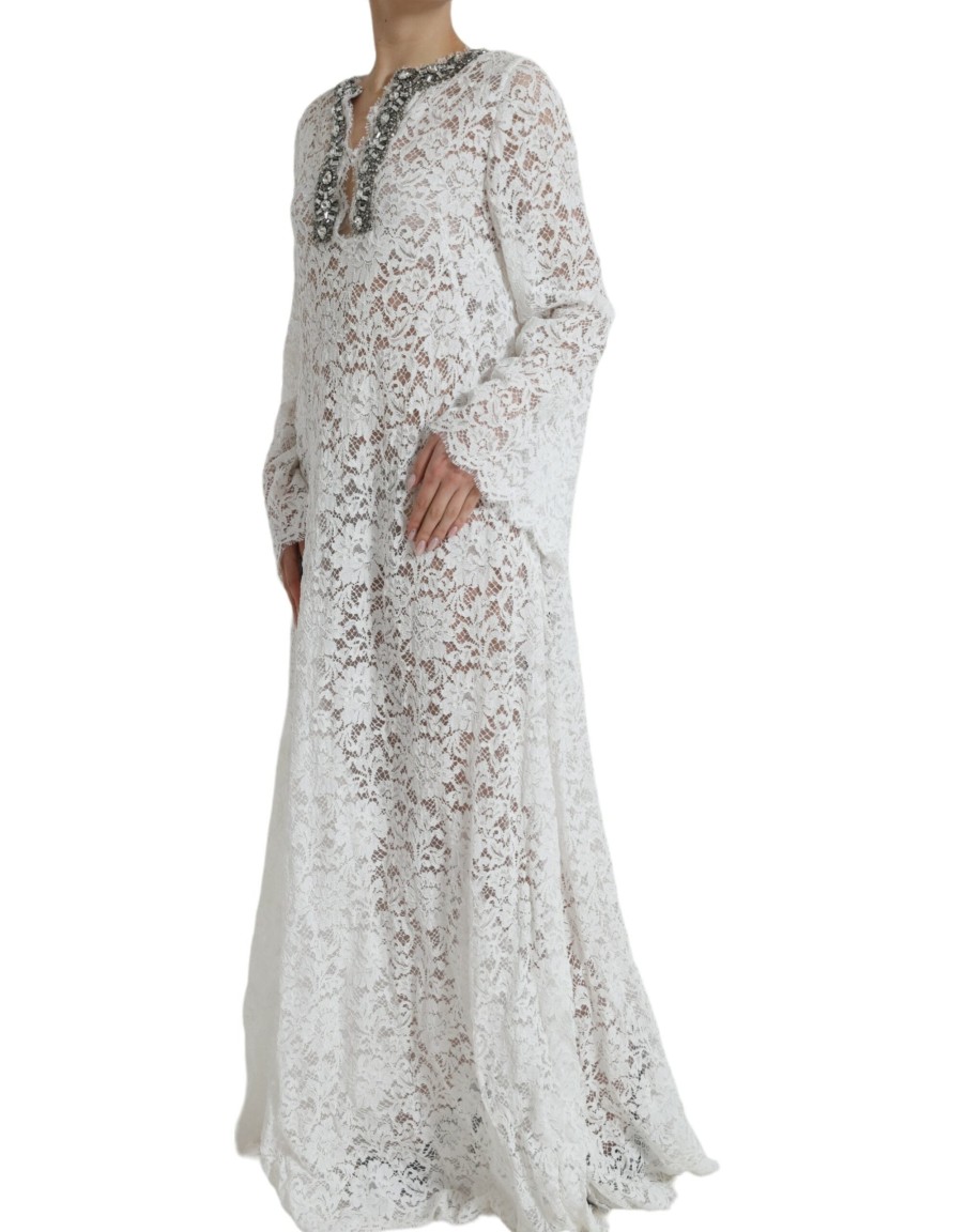 Women Dolce & Gabbana Women'S Dresses | Dolce & Gabbana White Lace Crystal Embellished Shift Dress