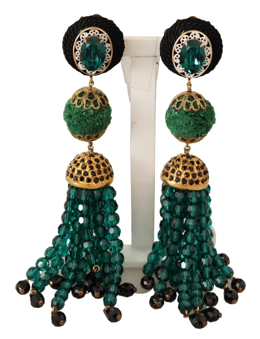 Women Dolce & Gabbana Women'S Earrings | Dolce & Gabbana Green Crystals Gold Tone Drop Clip-On Dangle Earrings