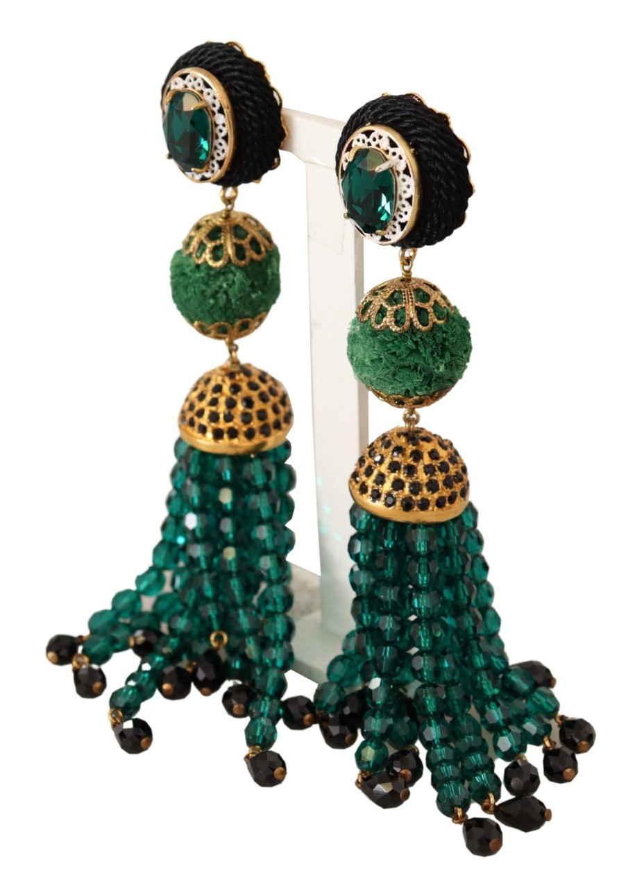 Women Dolce & Gabbana Women'S Earrings | Dolce & Gabbana Green Crystals Gold Tone Drop Clip-On Dangle Earrings