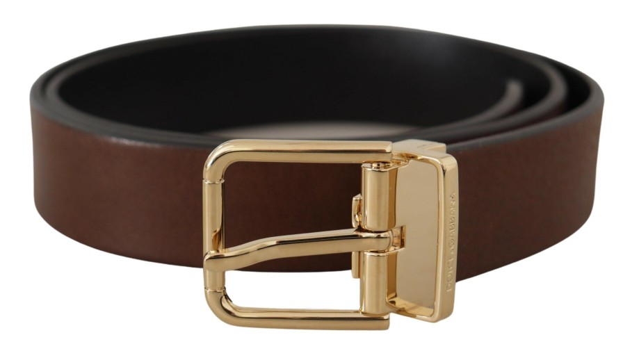 Men Dolce & Gabbana Men'S Belts | Dolce & Gabbana Brown Classic Leather Gold Tone Metal Buckle Belt