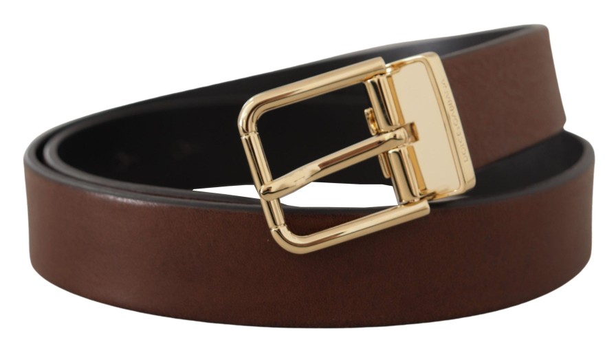 Men Dolce & Gabbana Men'S Belts | Dolce & Gabbana Brown Classic Leather Gold Tone Metal Buckle Belt