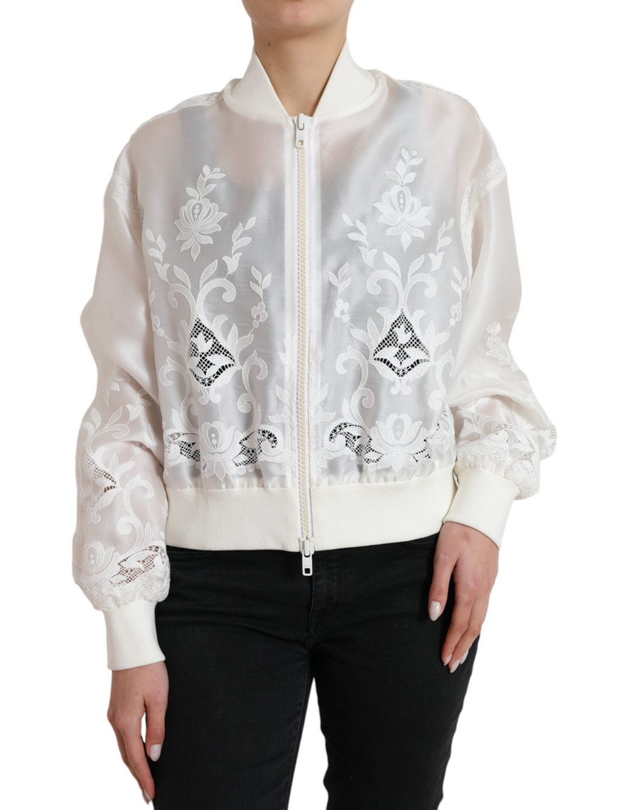 Women Dolce & Gabbana Women'S Jackets & Coats | Dolce & Gabbana White Floral Lace Silk Full Zip Bomber Jacket