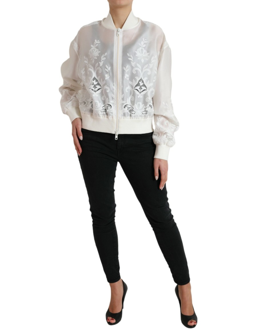 Women Dolce & Gabbana Women'S Jackets & Coats | Dolce & Gabbana White Floral Lace Silk Full Zip Bomber Jacket