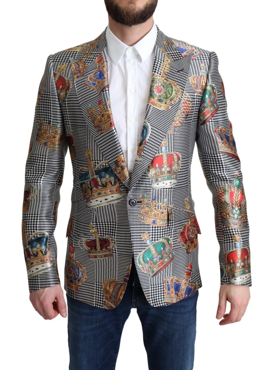 Men Dolce & Gabbana Men'S Blazers | Dolce & Gabbana Blazer Jacket Sicilia Crown Print Silk Jacket