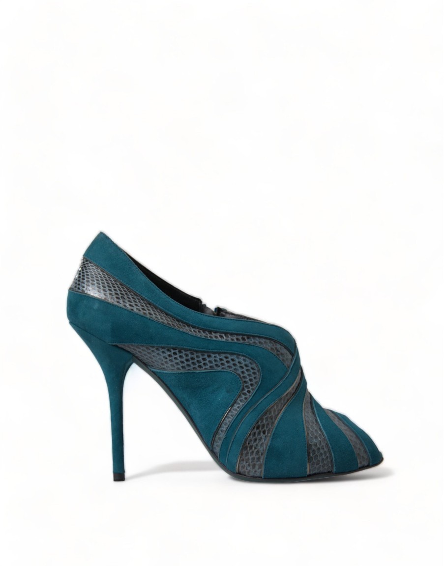 Women Dolce & Gabbana Women'S Pumps | Dolce & Gabbana Teal Suede Leather Peep Toe Heels Pumps Shoes