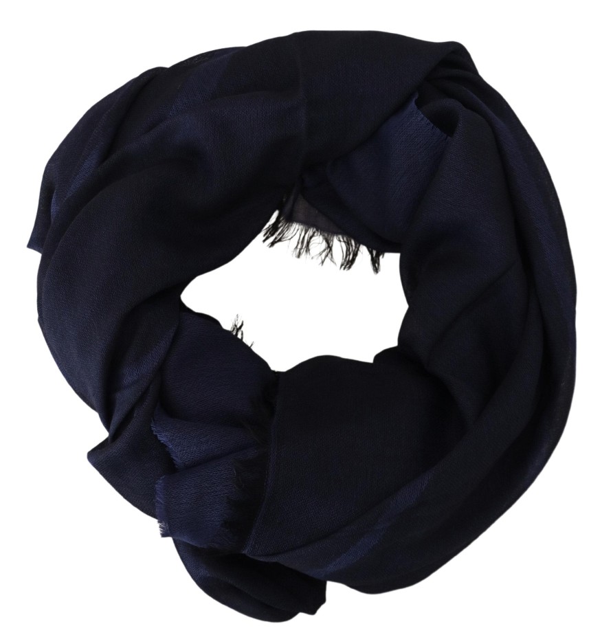 Women GF Ferre Women'S Scarves | Gf Ferre Dark Blue Wool Neck Wrap Shawl Fringes Scarf