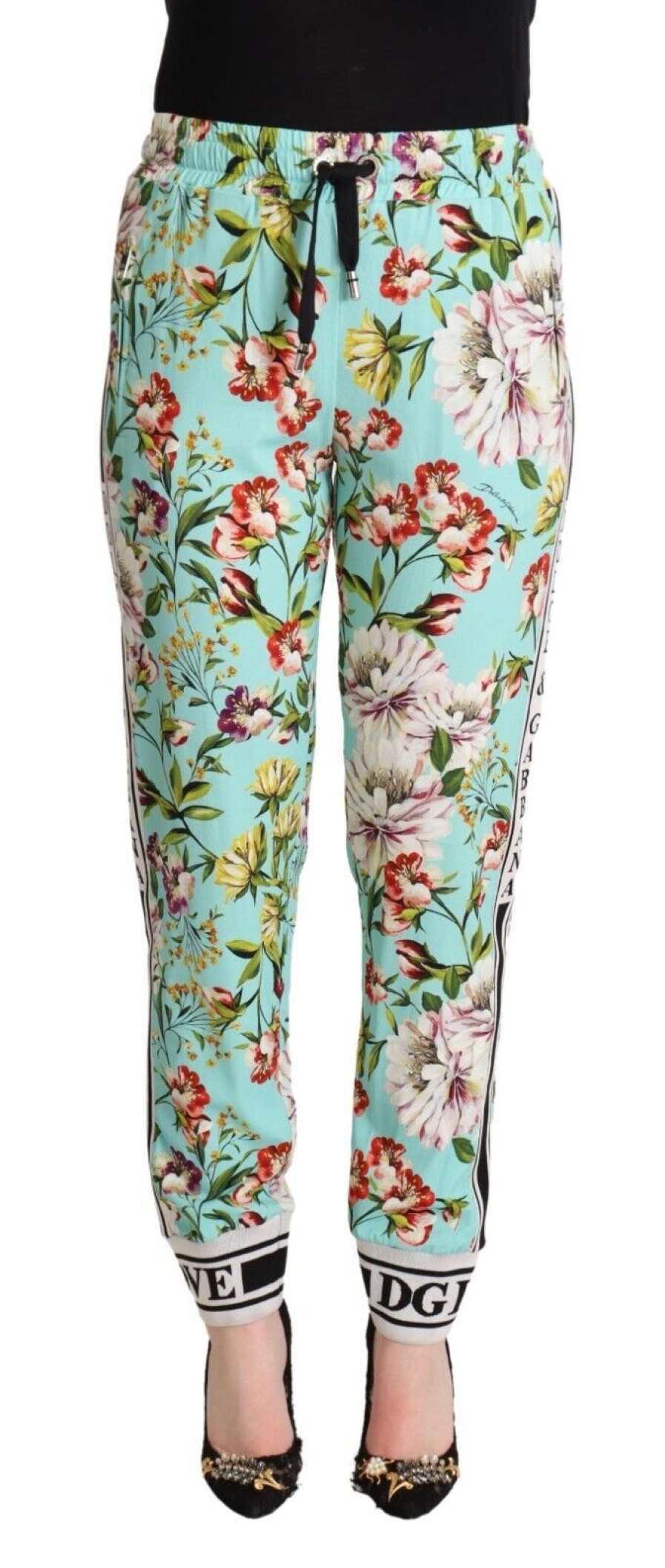 Women Dolce & Gabbana Women'S Pants & Jeans | Dolce & Gabbana Green Floral Print Mid Waist Trouser Jogger Pants