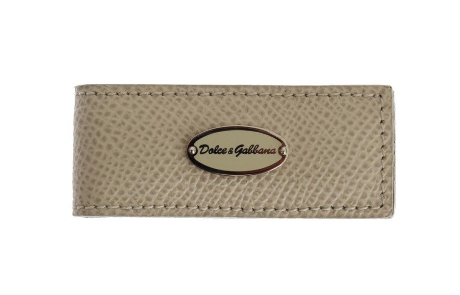 Men Dolce & Gabbana Men'S Money Clips | Dolce & Gabbana Beige Leather Magnet Money Clip