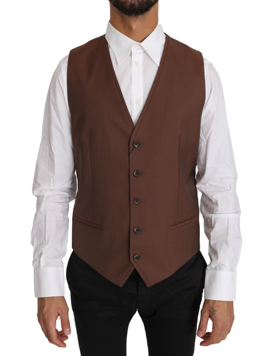 Men Dolce & Gabbana Men'S Vests | Dolce & Gabbana Brown Wool Silk Waistcoat Vest