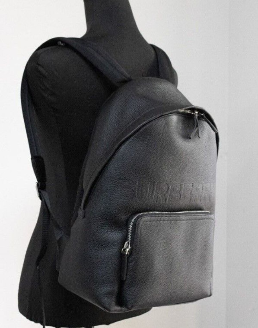 Women Burberry Women Backpacks | Burberry Abbeydale Branded Black Pebbled Leather Backpack Shoulder Boo