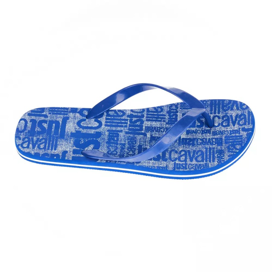 Men Just Cavalli Men'S Slide Sandals | Just Cavalli Chic Light Blue Logo Men'S Flip Flops