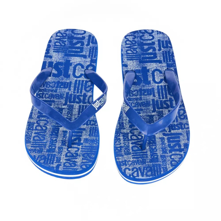 Men Just Cavalli Men'S Slide Sandals | Just Cavalli Chic Light Blue Logo Men'S Flip Flops