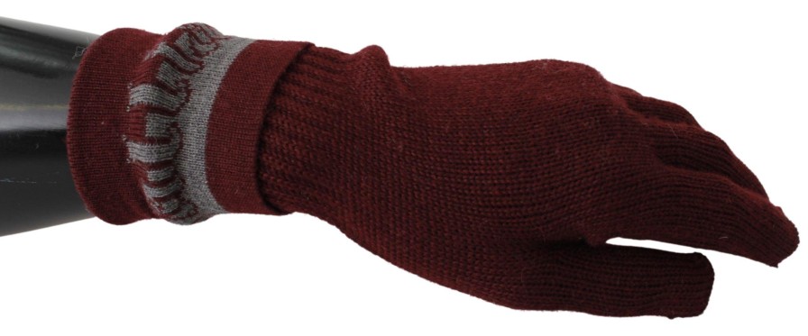 Women John Galliano Women'S Gloves | John Galliano Maroon Elastic Wrist Length Mitten Designer Logo Gloves