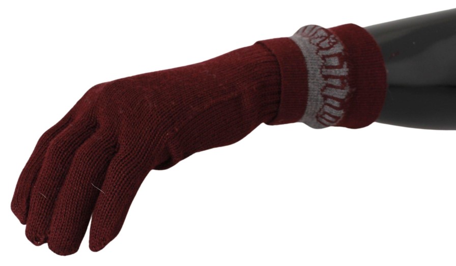 Women John Galliano Women'S Gloves | John Galliano Maroon Elastic Wrist Length Mitten Designer Logo Gloves