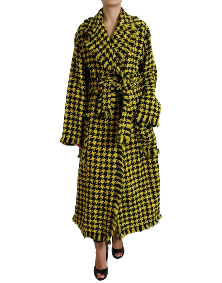 Women Dolce & Gabbana Women'S Jackets & Coats | Dolce & Gabbana Elegant Houndstooth Virgin Wool Long Coat