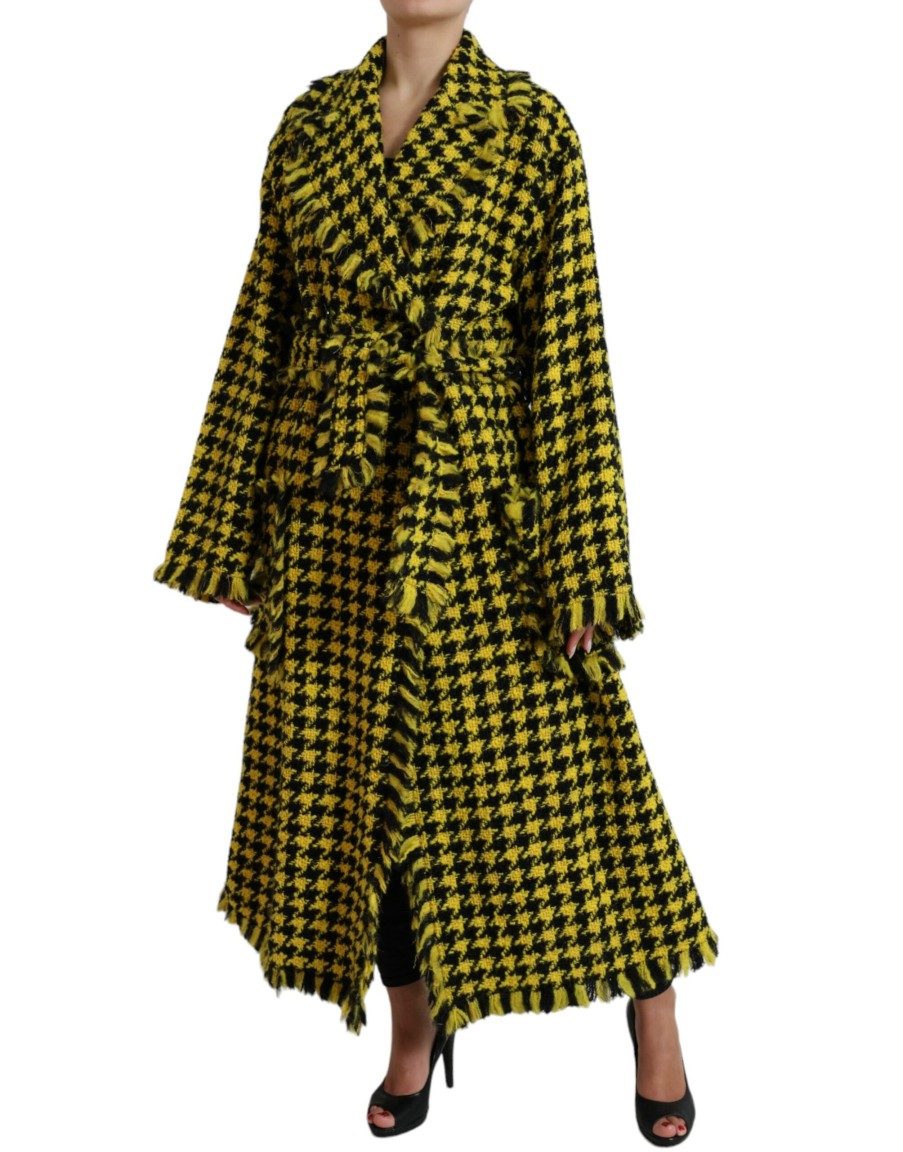 Women Dolce & Gabbana Women'S Jackets & Coats | Dolce & Gabbana Elegant Houndstooth Virgin Wool Long Coat