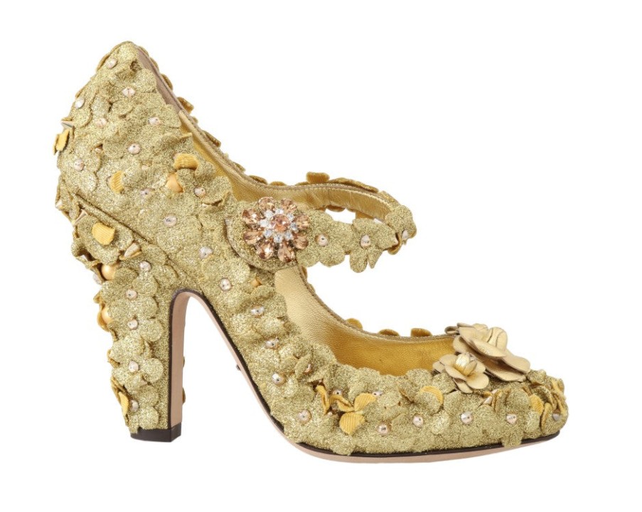 Women Dolce & Gabbana Women'S Pumps | Dolce & Gabbana Gold Floral Crystal Mary Janes Pumps