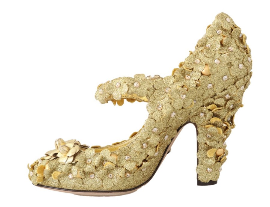 Women Dolce & Gabbana Women'S Pumps | Dolce & Gabbana Gold Floral Crystal Mary Janes Pumps