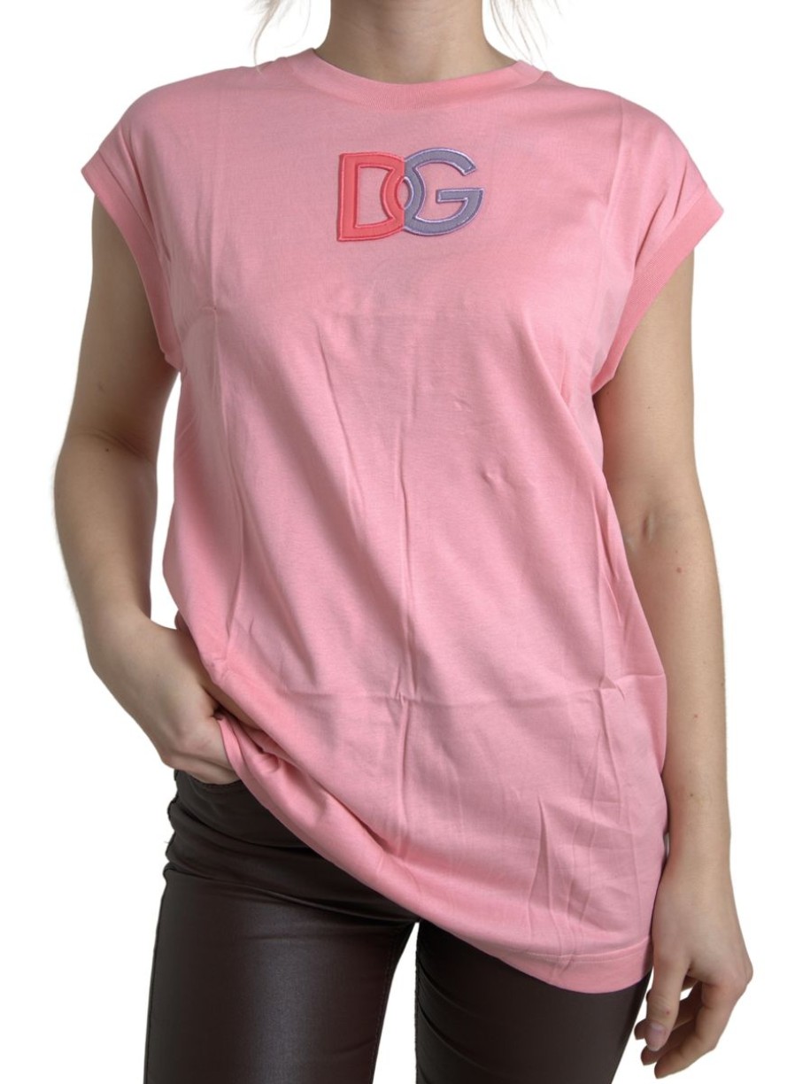 Women Dolce & Gabbana Women'S Tops & T-Shirts | Dolce & Gabbana Pink Cotton Dg Logo Crew Neck Tank T-Shirt