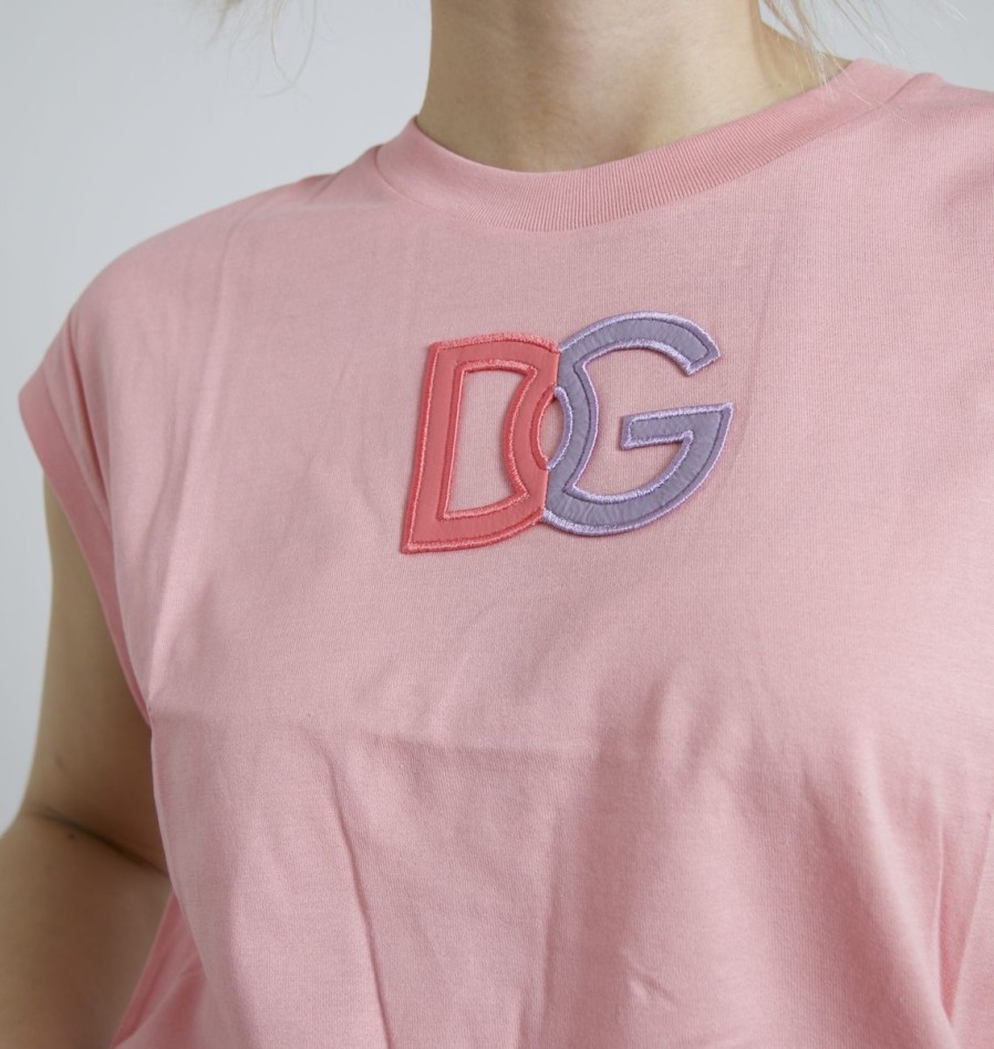 Women Dolce & Gabbana Women'S Tops & T-Shirts | Dolce & Gabbana Pink Cotton Dg Logo Crew Neck Tank T-Shirt