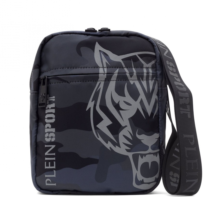 Men Plein Sport Men'S Messenger Bags | Plein Sport Grey Camouflage Messenger Bag With Tiger Motif