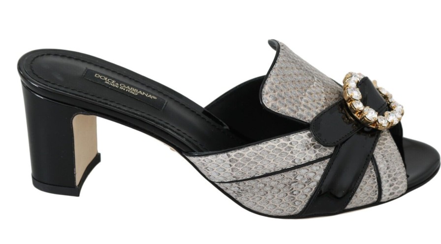 Women Dolce & Gabbana Women'S Sandals | Dolce & Gabbana Black Gray Exotic Leather Crystals Sandals Shoes