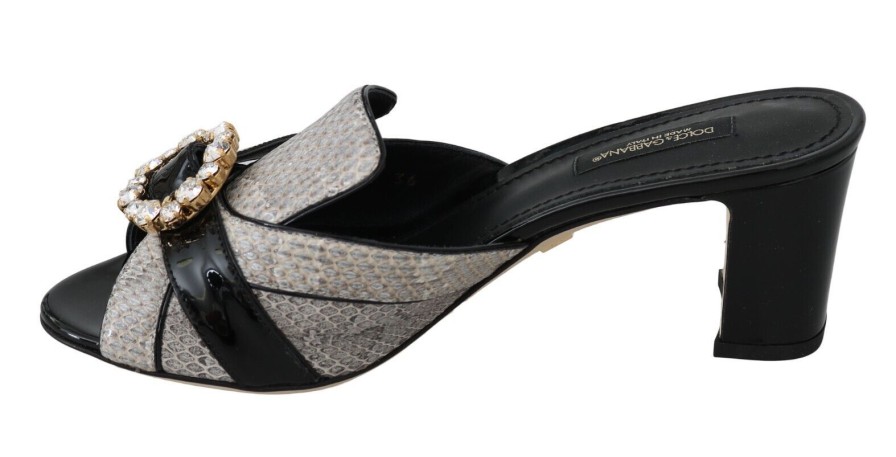 Women Dolce & Gabbana Women'S Sandals | Dolce & Gabbana Black Gray Exotic Leather Crystals Sandals Shoes