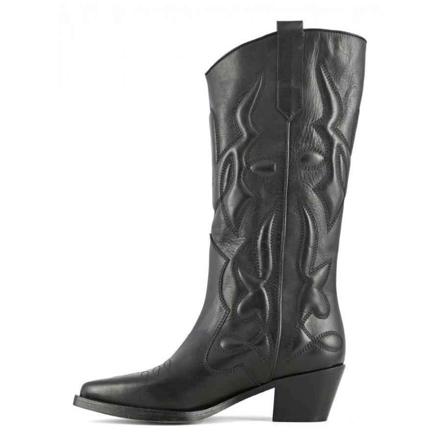 Women Coral Blue Women'S Boots | Coral Blue Chic Black Leather Texan Boots