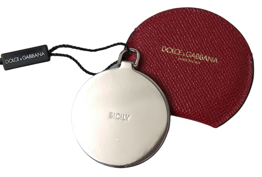 Women Dolce & Gabbana Women'S Others Accessories | Dolce & Gabbana Red Calfskin Leather Round Hand Mirror Holder