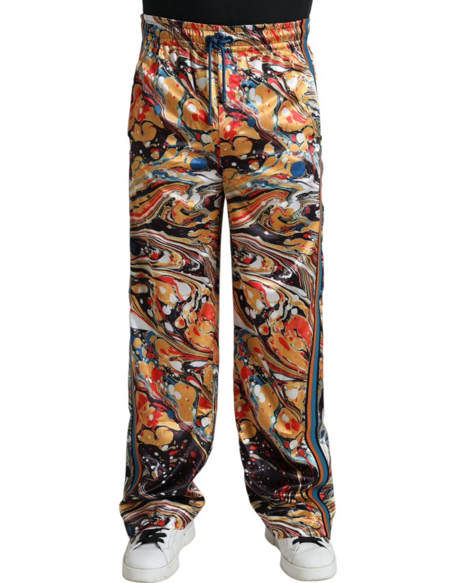 Men Dolce & Gabbana Men'S Jeans & Pants | Dolce & Gabbana Multicolor Marble Print Satin Pants