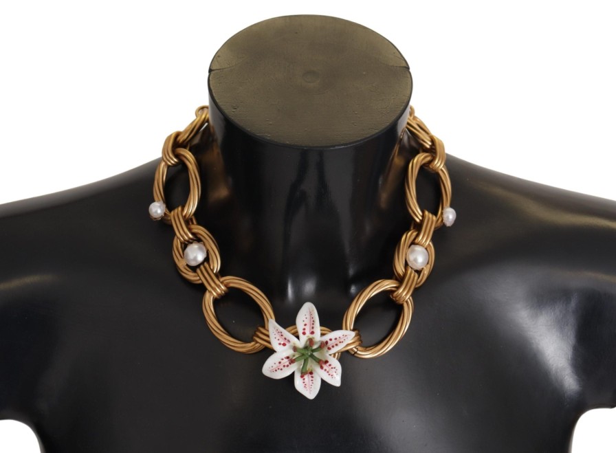 Women Dolce & Gabbana Women'S Necklaces | Dolce & Gabbana Gold White Lily Floral Chain Statement Necklace