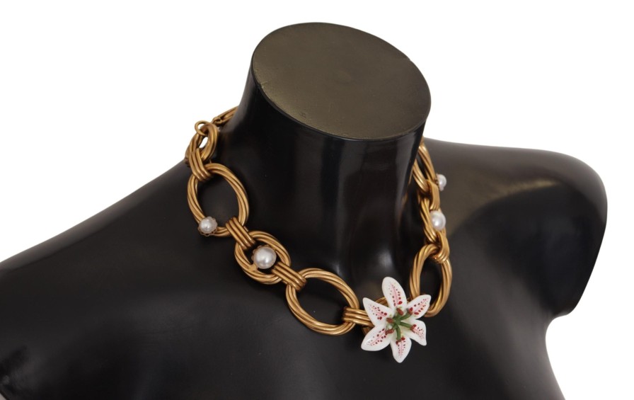 Women Dolce & Gabbana Women'S Necklaces | Dolce & Gabbana Gold White Lily Floral Chain Statement Necklace