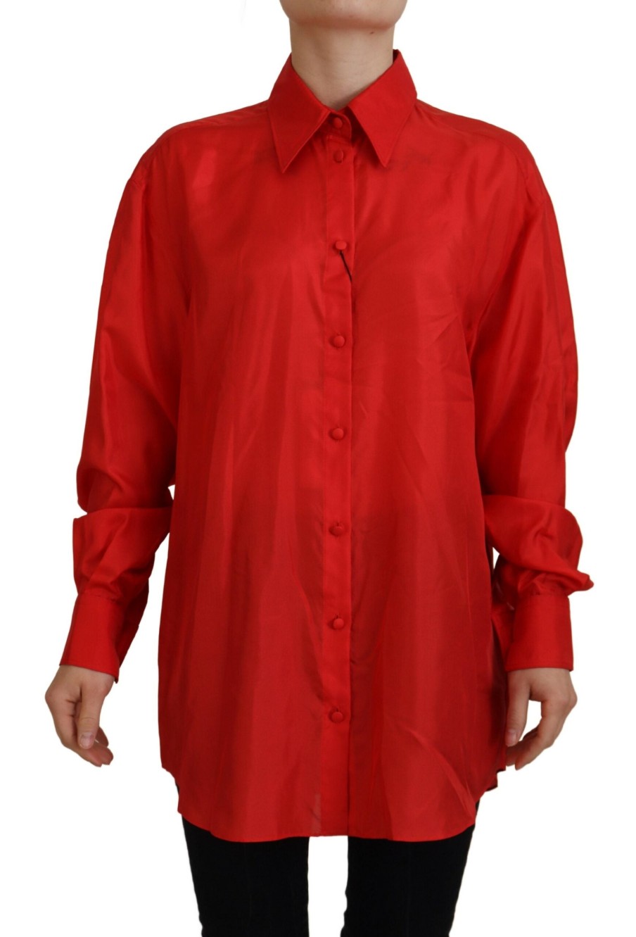 Women Dolce & Gabbana Women'S Shirts | Dolce & Gabbana Red Silk Collared Long Sleeves Dress Shirt Top