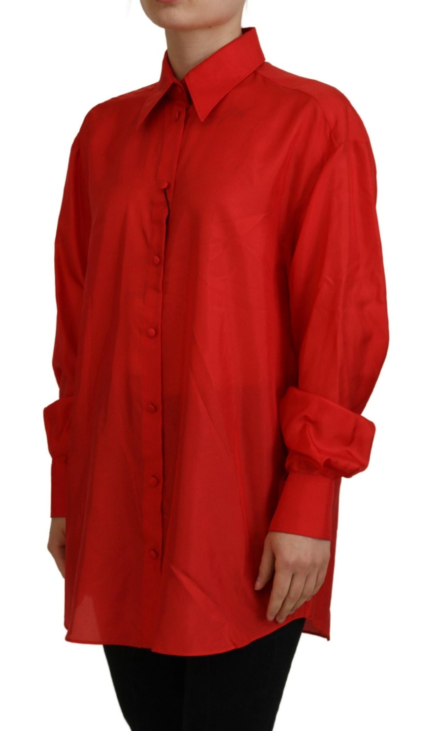 Women Dolce & Gabbana Women'S Shirts | Dolce & Gabbana Red Silk Collared Long Sleeves Dress Shirt Top