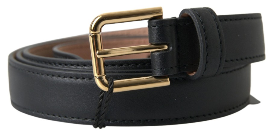 Men Dolce & Gabbana Men'S Belts | Dolce & Gabbana Black Leather Gold Tone Metal Buckle Belt