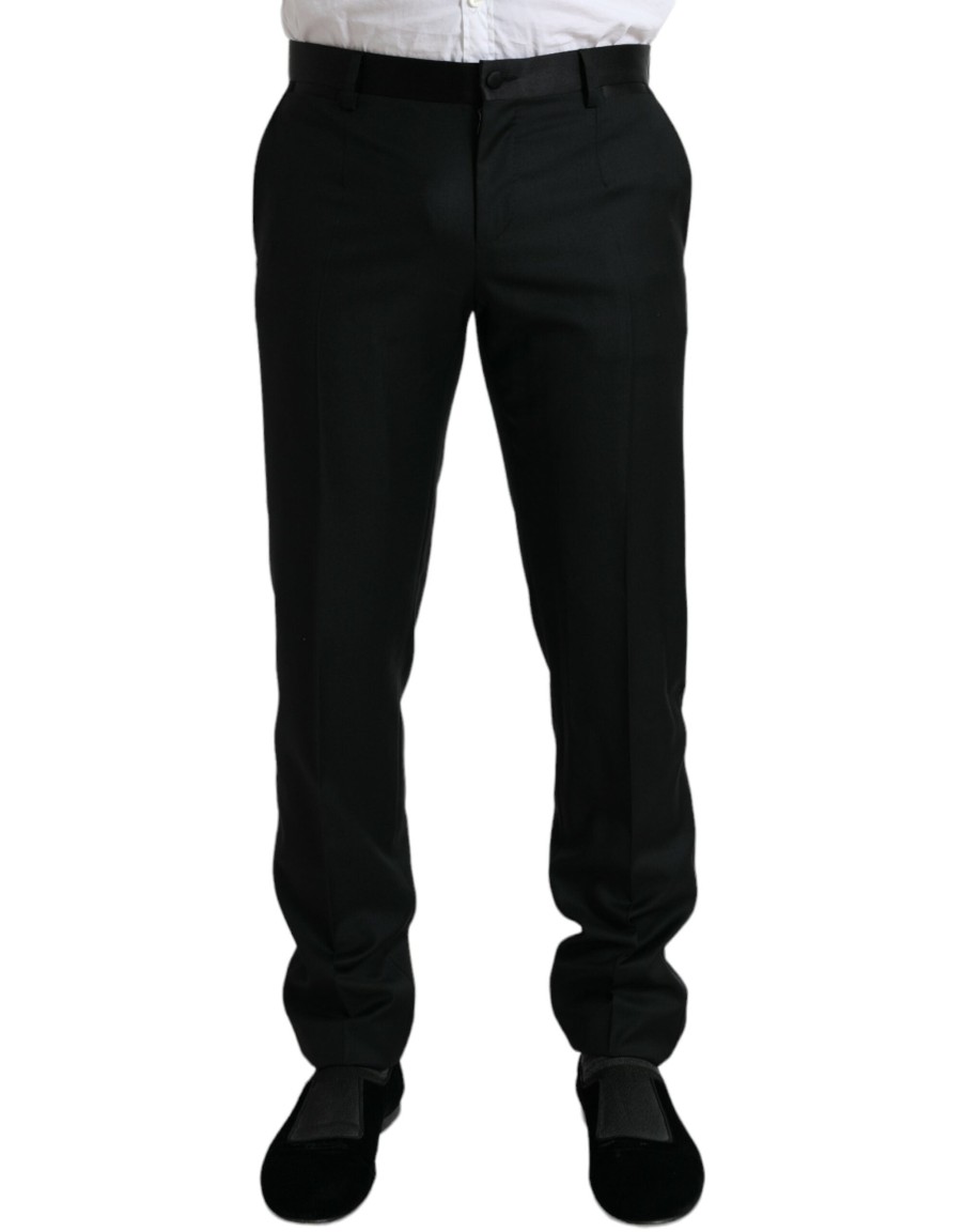 Men Dolce & Gabbana Men'S Jeans & Pants | Dolce & Gabbana Black Wool Slim Fit Formal Trouser Dress Pants