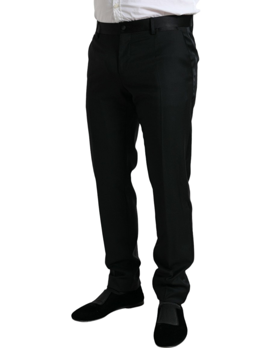 Men Dolce & Gabbana Men'S Jeans & Pants | Dolce & Gabbana Black Wool Slim Fit Formal Trouser Dress Pants