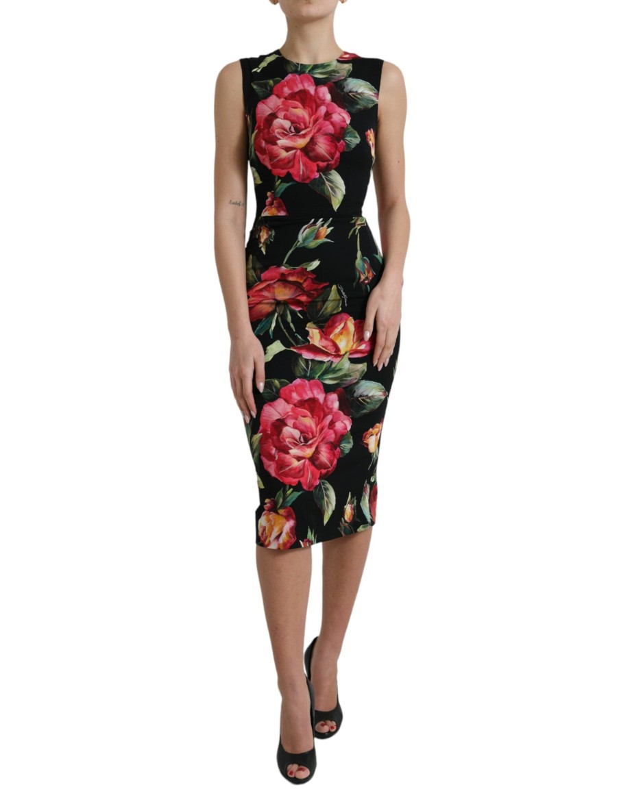 Women Dolce & Gabbana Women'S Dresses | Dolce & Gabbana Black Floral Print Silk Sheath Midi Dress