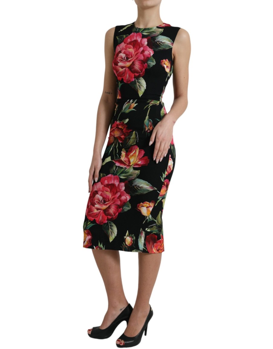 Women Dolce & Gabbana Women'S Dresses | Dolce & Gabbana Black Floral Print Silk Sheath Midi Dress