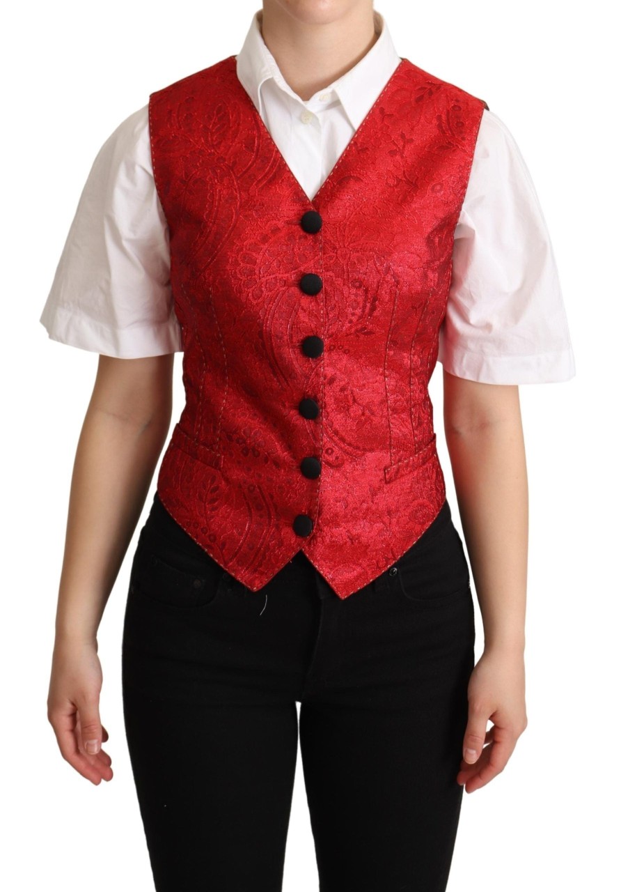 Women Dolce & Gabbana Women'S Vest | Dolce & Gabbana Red Brocade Leopard Print Waistcoat Vest