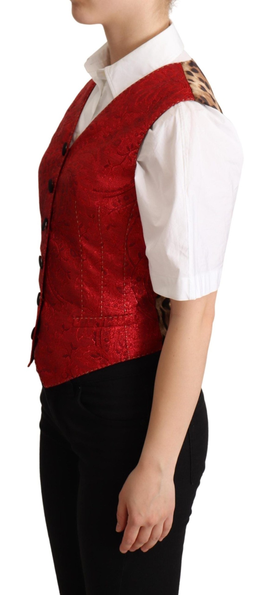 Women Dolce & Gabbana Women'S Vest | Dolce & Gabbana Red Brocade Leopard Print Waistcoat Vest