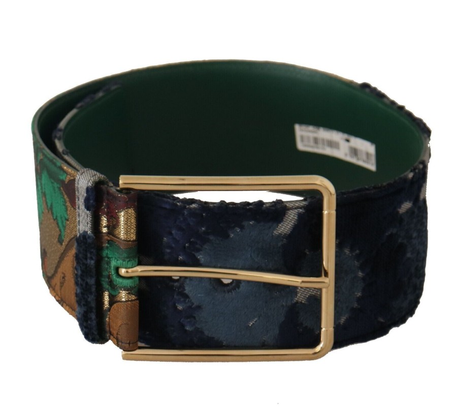 Women Dolce & Gabbana Women'S Belts | Dolce & Gabbana Green Jaquard Embroid Leather Gold Metal Belt