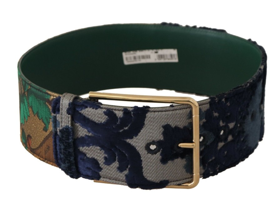 Women Dolce & Gabbana Women'S Belts | Dolce & Gabbana Green Jaquard Embroid Leather Gold Metal Belt