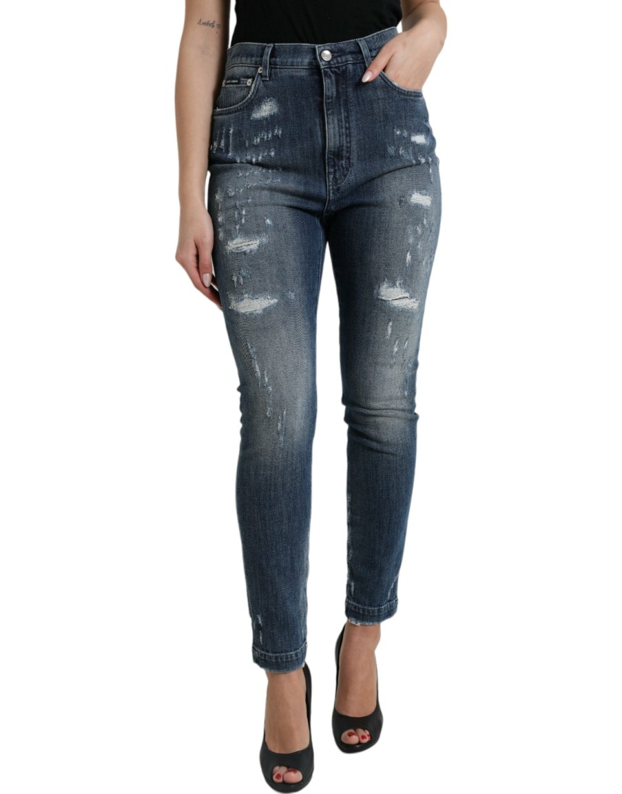 Women Dolce & Gabbana Women'S Pants & Jeans | Dolce & Gabbana Dark Blue Distressed Grace Skinny Denim Jeans