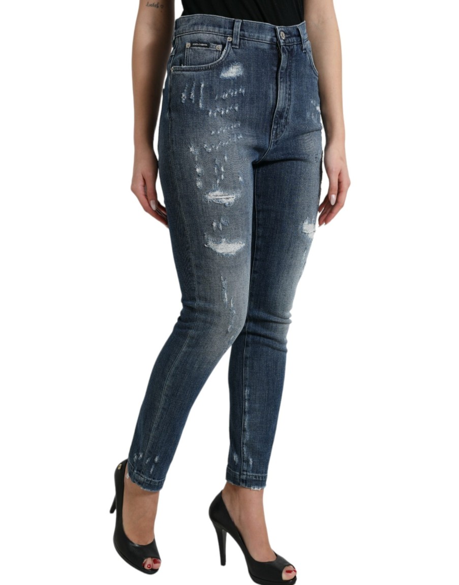 Women Dolce & Gabbana Women'S Pants & Jeans | Dolce & Gabbana Dark Blue Distressed Grace Skinny Denim Jeans