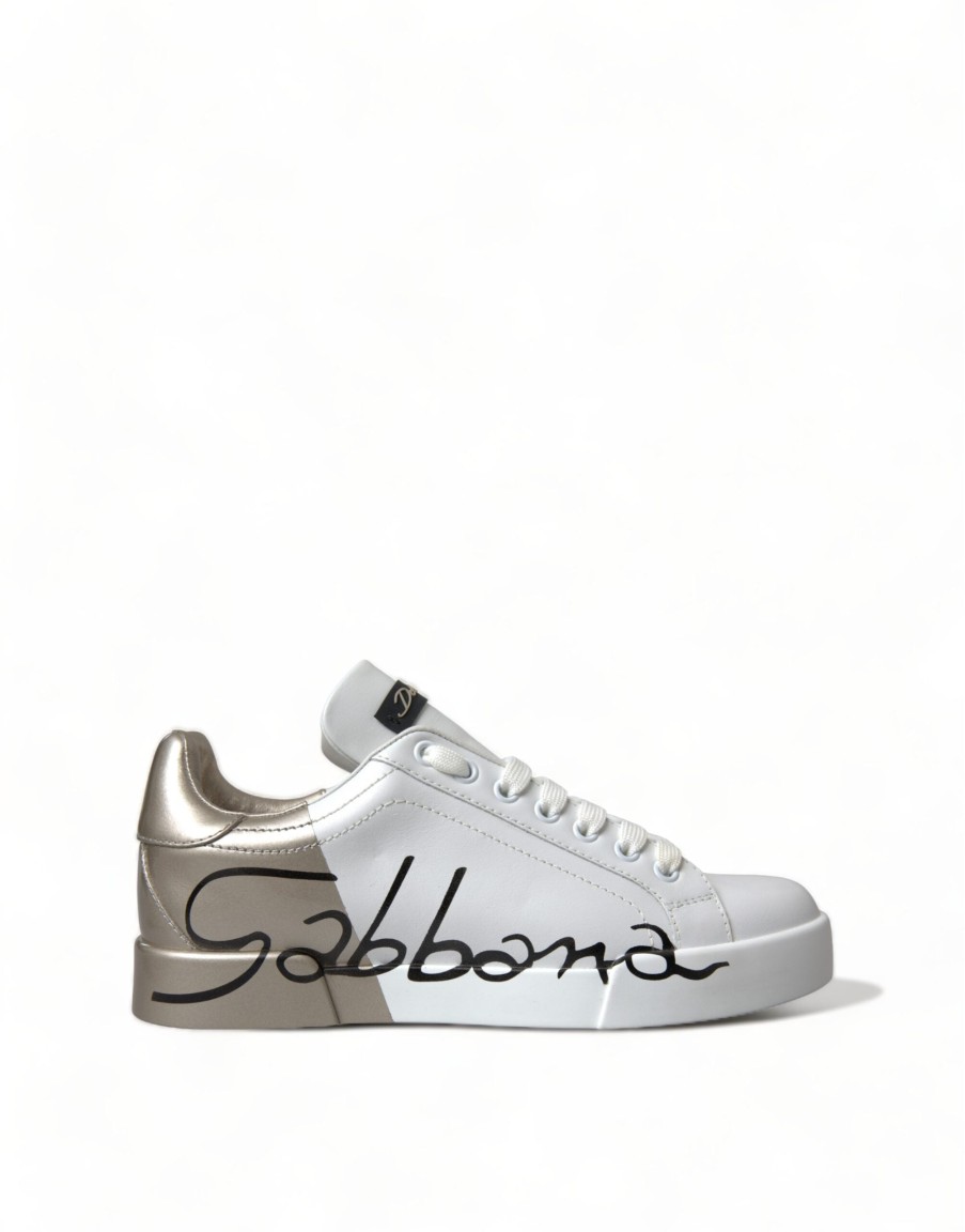 Women Dolce & Gabbana Women'S Sneakers | Dolce & Gabbana White Gold Lace Up Womens Low Top Sneakers