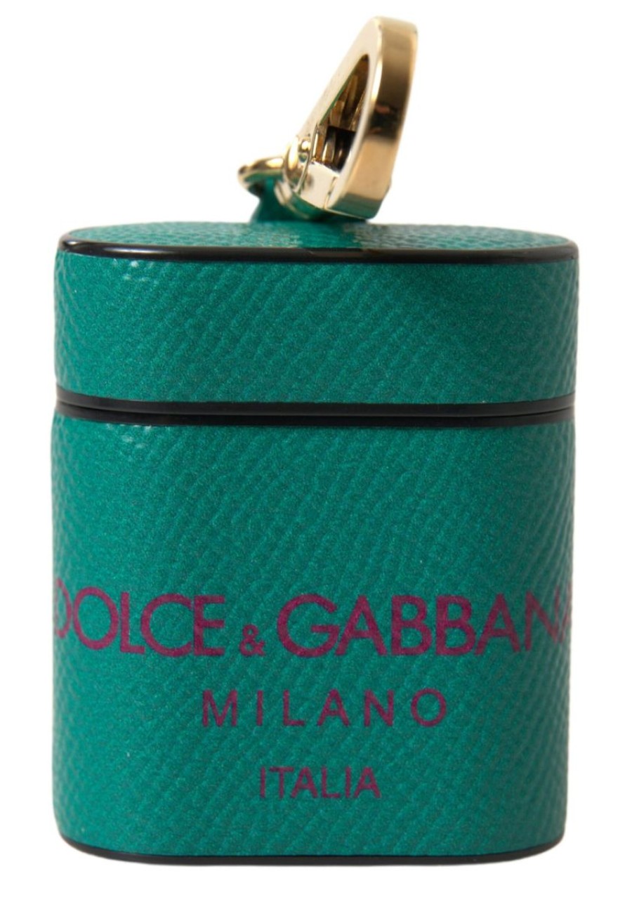 Women Dolce & Gabbana Women'S Others Accessories | Dolce & Gabbana Green Maroon Calf Leather Logo Print Strap Airpods Cas