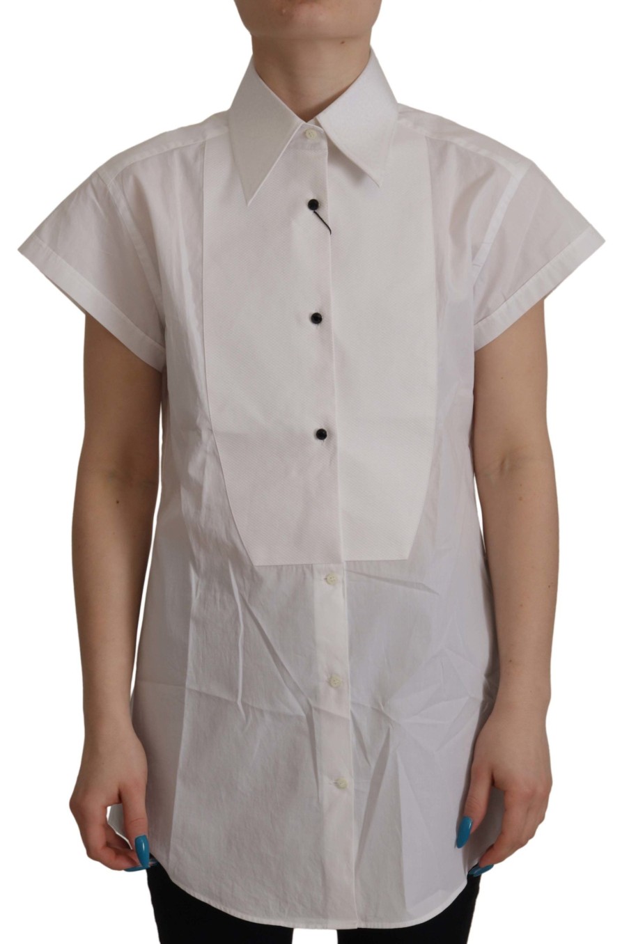 Women Dolce & Gabbana Women'S Shirts | Dolce & Gabbana White Sleeveless Tuxedo Formal Blouse Top